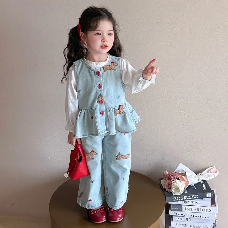 spring baby girls cartoon denim clothes set Embroidered dog Cowboy vest+Lotus leaf collar shirt+Wide leg jeans 3pcs kids outfits