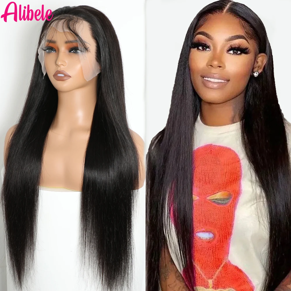 

ALIBELE Human Hair Lace Front Wig Transparent Lace Frontal Wig Straight Pre Plucked Natural Black 12A Virgin Hair Wig