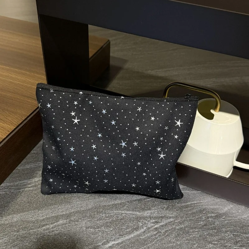 Silver Star Print Cosmetic Bag Portable Zipper Makeup Pouch Women Outdoor Travel Sundries Storage Organizer Case