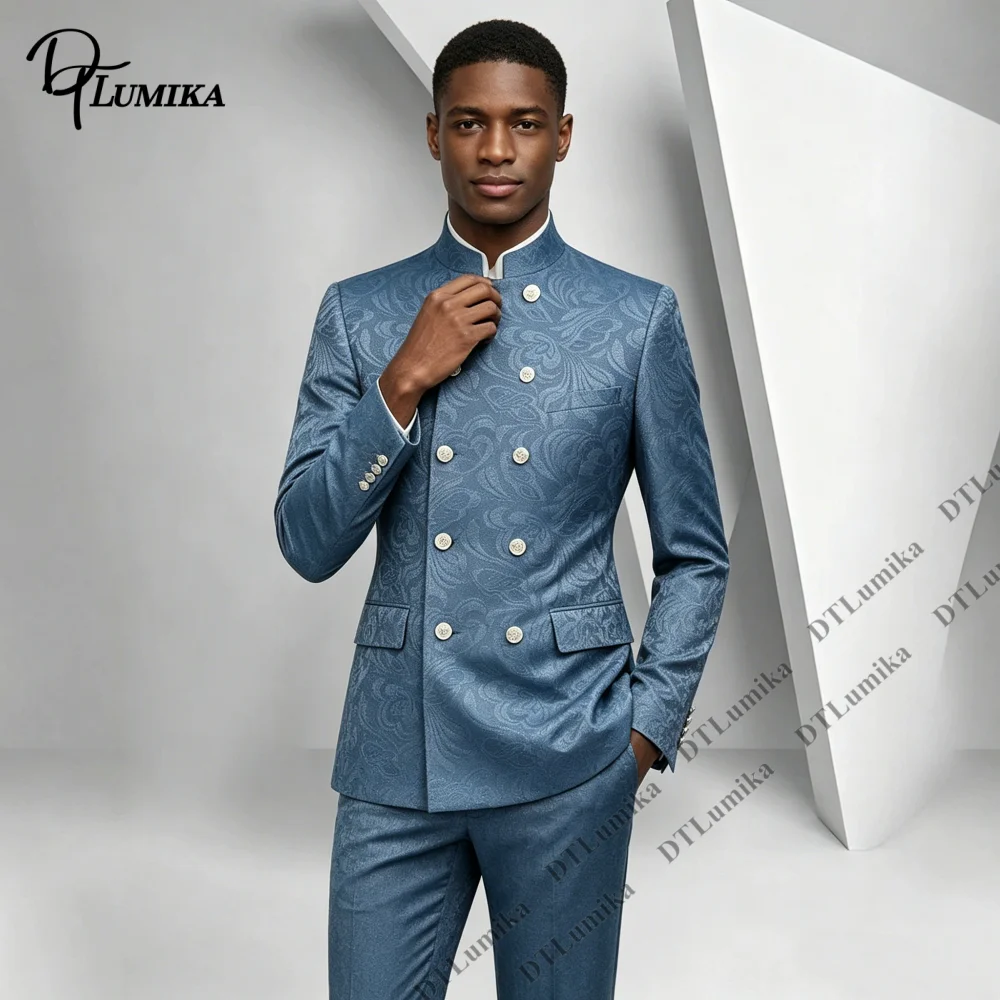 Double Breasted Men 2 Piece Suit Jacket Pants Swirl Embossed Mandarin Collar Prom Party Suit Attire Wedding Groom Tuxedo