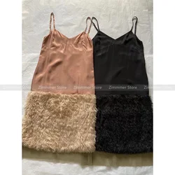 Niche sexy V-neck splicing feather tassel suspender backless pure desire dress