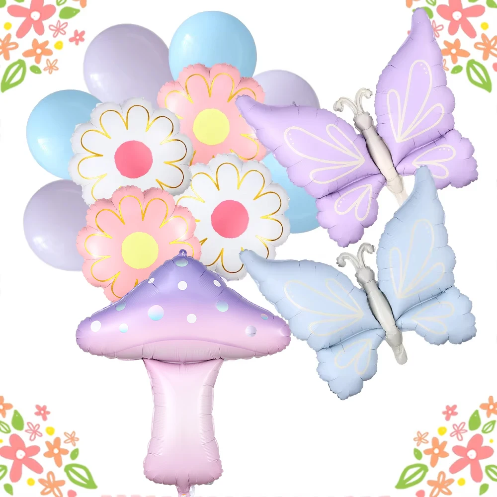 

13Pcs Mushroom Daisy Butterfly Balloon Set Macaron Pink Purple Blue Balloon Fairy Tale Garden Theme Birthday Party Decoration