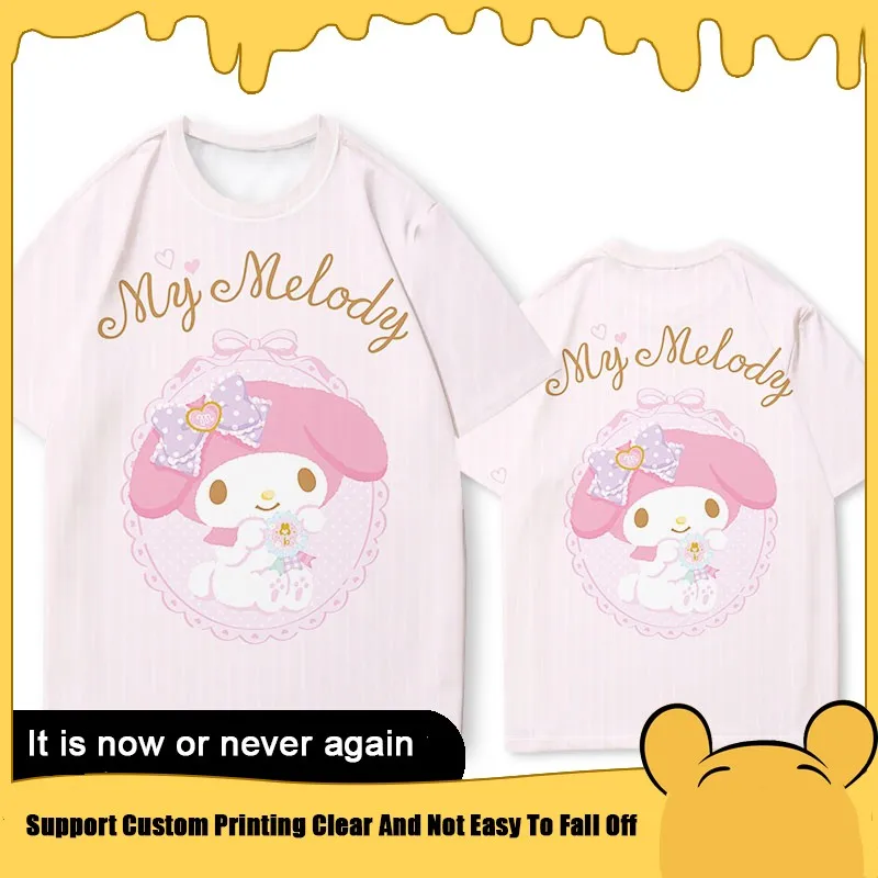 2024 New Melody Short Sleeve T-shirt Female Autumn Sanrio Melody Co-titled Girls Cute Loose Quick Drying Clothes