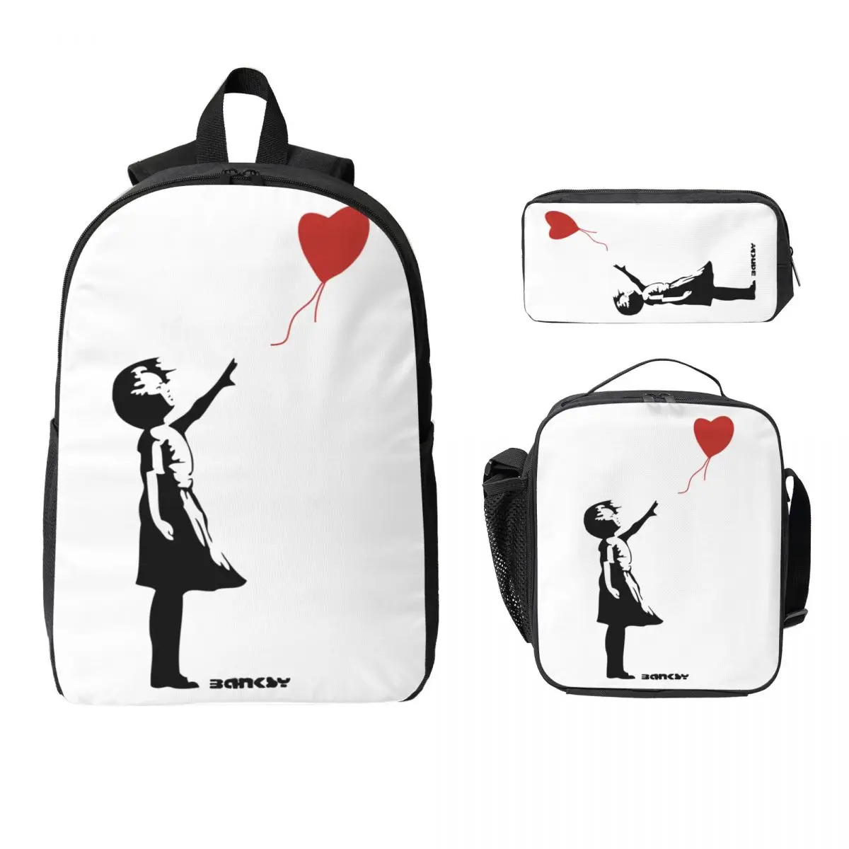 

3Pcs Banksy Girl Red Balloon School bags Set for Girls Boys Pen Bags Backpack Sets with Lunch Box For School Students Daypack