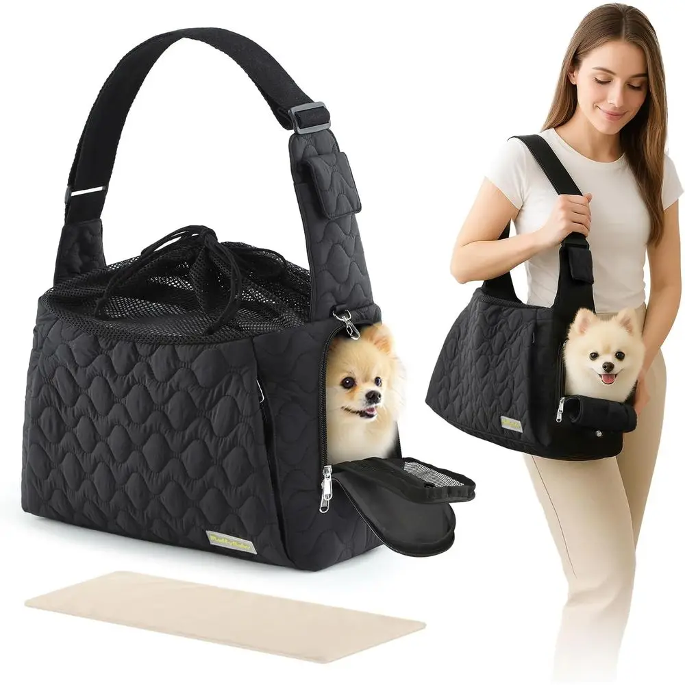 

Dog Carrier Sling for Small Dogs, Cats Up to 15 lbs, Adjustable Strap, Zipper Closure, Double Safety Feature, Hands-Free or Trav