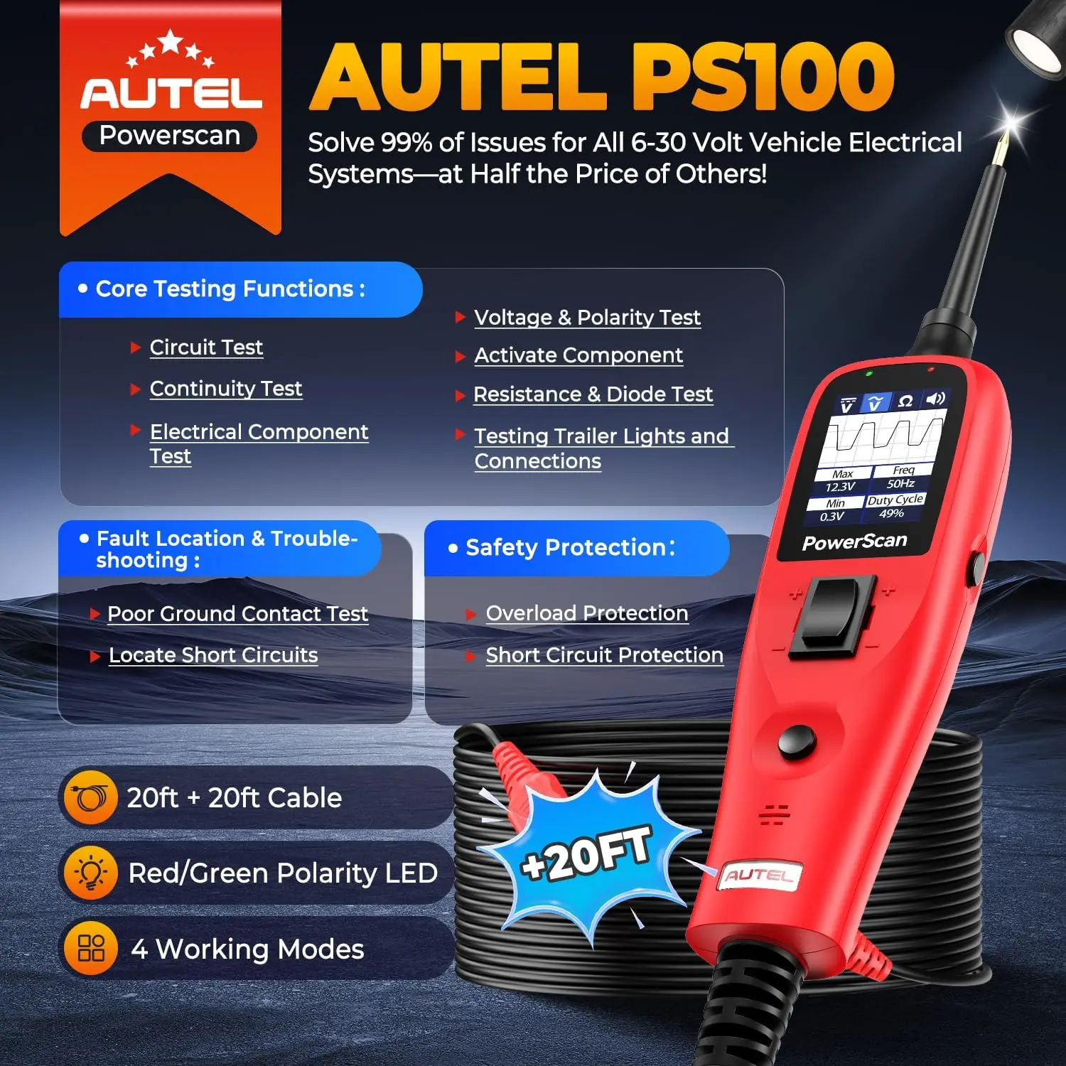 Autel PowerScan PS100 Automotive Circuit Tester 12-24V Power Circuit Probe Tool Electrical Short Open Breaker Finder AC/DC Voltage Current Resistance Detection Trailer Light Test