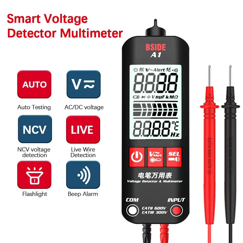 Spanningsdetector Multimeter Slimme mini-multimeter met LED-zaklamp LCD Digitaal 2000 tellingen DC/AC-spanning Frequentieweerstand