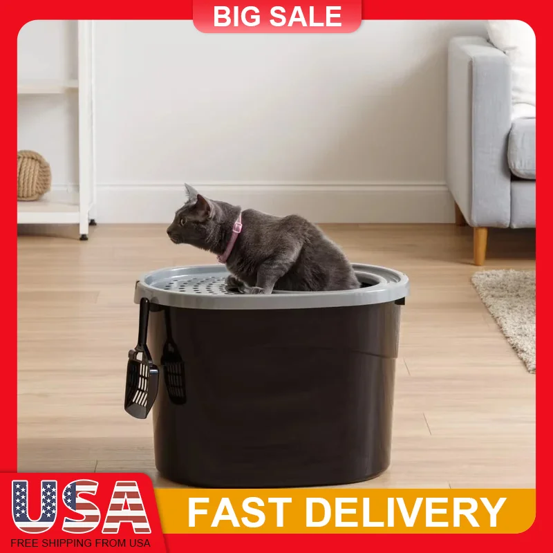 

Top Entry Cat Litter Box with Privacy Walls Large Opening Lid Anti Scatter Design with Scoop Easy Clean Rounded Shape for Cats