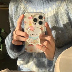 Korean Cute Puppy Magnetic Phone Case For iPhone 16 Pro 15 12 14 13 Pro Max Cover with Magsafe Stand Holder Kawaii Cases 15Pro