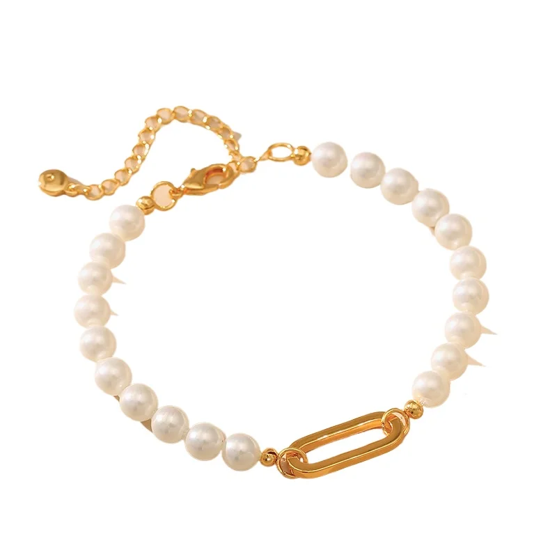 *White Round Pearl Women Bracelet 18k Gold Plated Paper Clip Chain Fashion Wedding Party Jewelry Gift Day Wear Hand Accessories