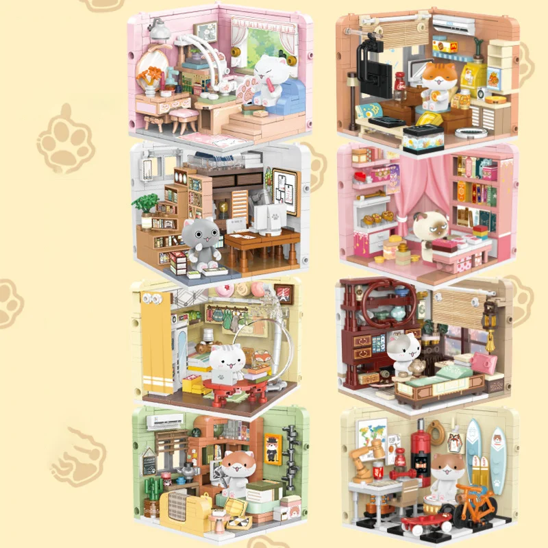 

885001 Ramen flower a group of cat small particle model assembly living room room decoration pieces girl building blocks toys