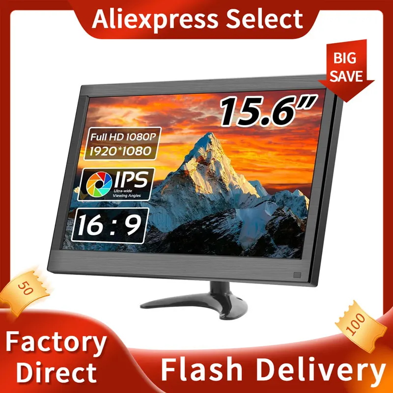 Monitor de PC de 15.6 pulgadas con pantalla LED FHD IPS, monitor de escritorio con puertos HDMI/VGA/BNC/AV/USB/AV, altavoces incorporados, para CCTV.