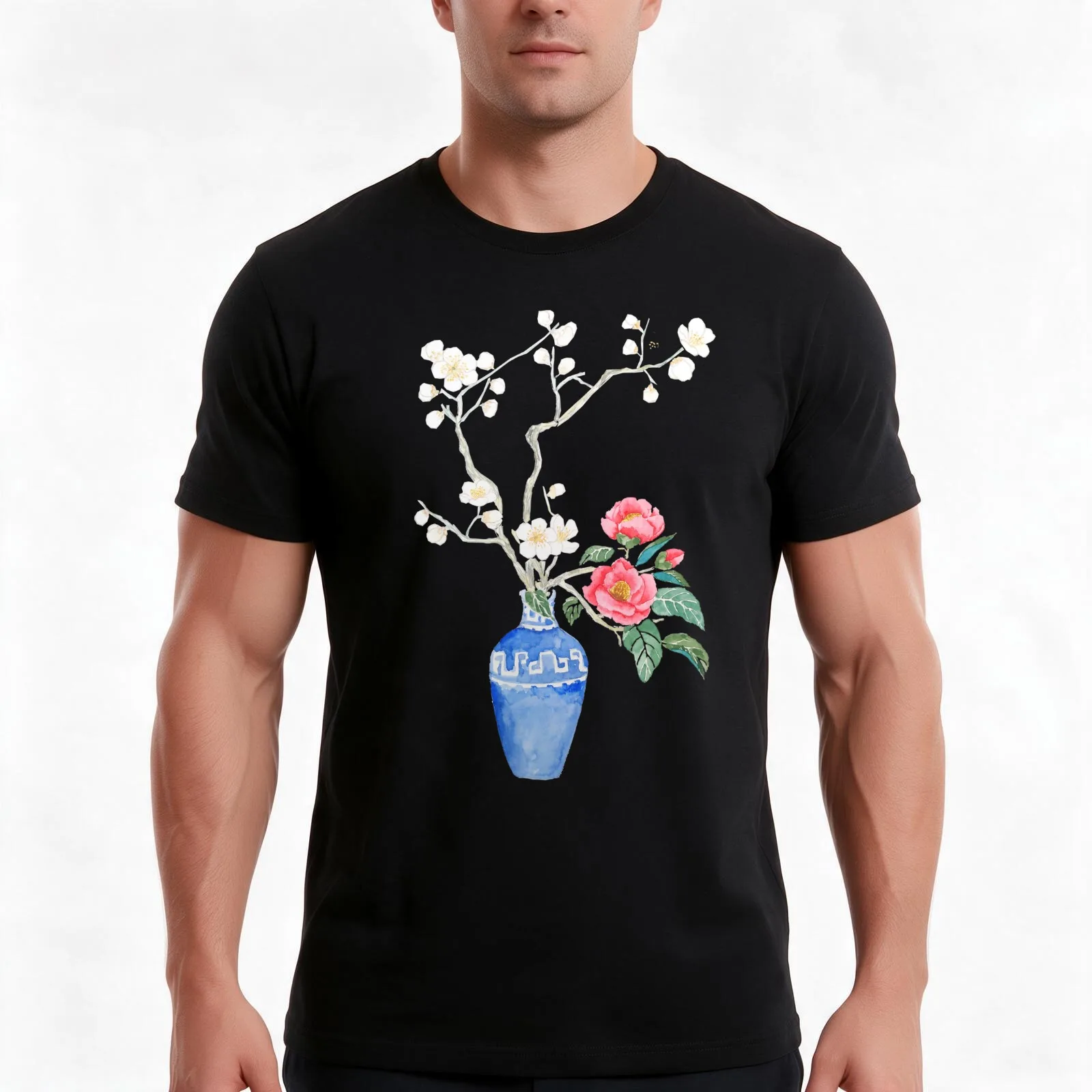 red camellia flower white plum flower in a blue vase Men T Shirt man t shirt summer