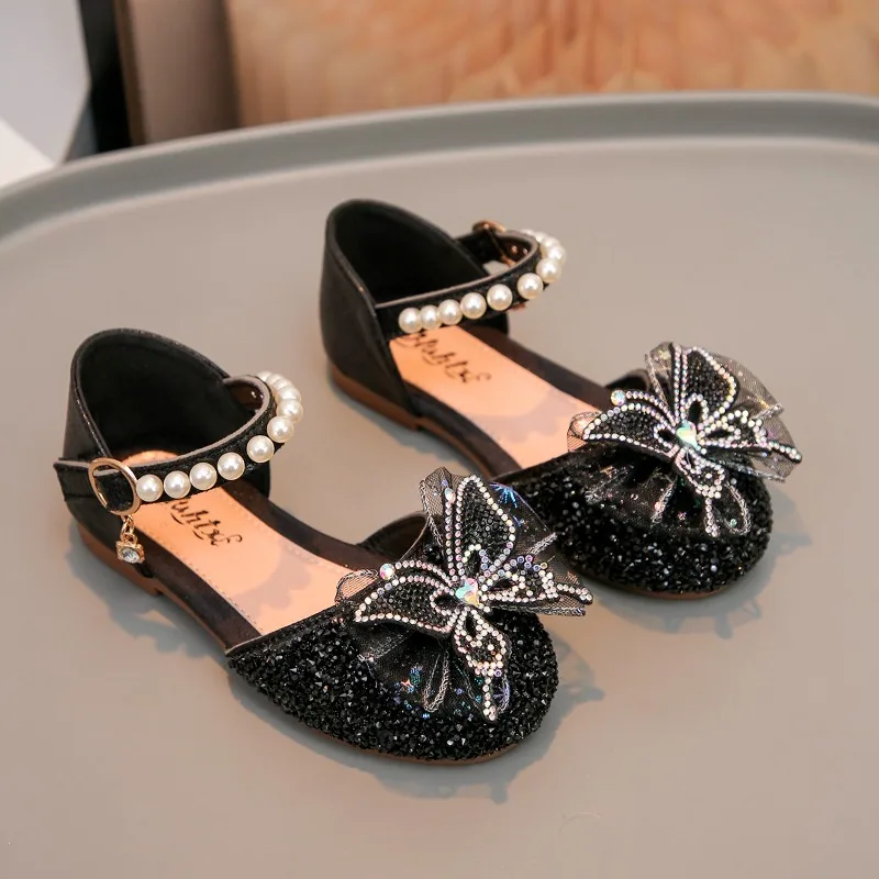 Children Bow Colorful Diamond Pearl Princess Leather Shoes Large Kids Princess Open-toe Vacation Travel Casual Shoes Beach Shoes