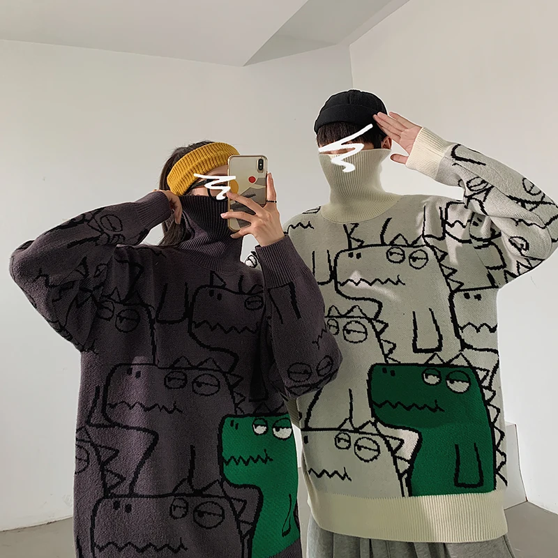 Lovers sweater Hong Kong style autumn winter turtleneck line neutral cartoon jacquard sweater cheap