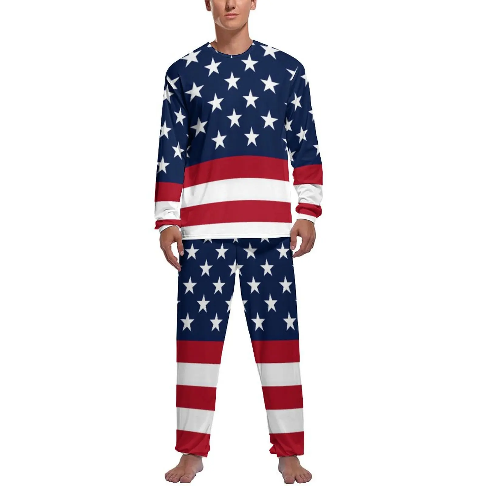 

American Flag Patriotic Pajamas Winter Stars and Stripes Sleep Sleepwear Man 2 Piece Design Long-Sleeve Lovely Pajamas Set