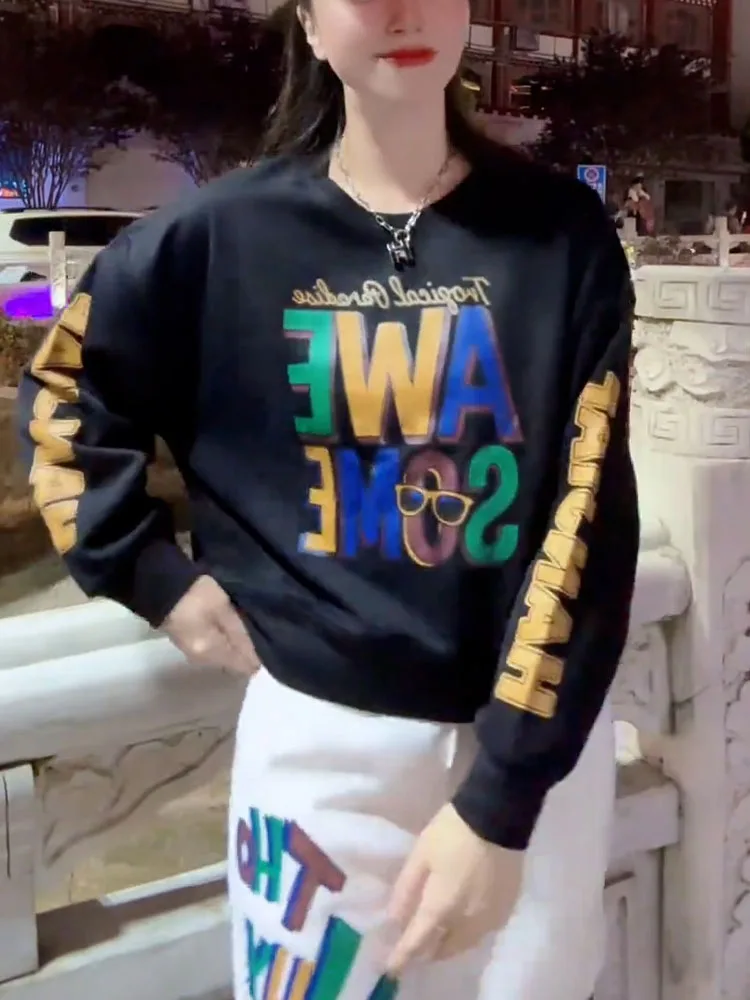 Suéter Feminino de Algodão com Estampa de Letras, Moda Outono, Novo, Manga Longa, Tamanho Pequeno, Anti-envelhecimento