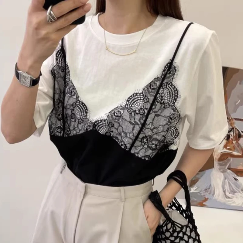 Fake Two Piece Ropa Mujer Contrast Lace Patchwork Tops Loose T Shirt Short Sleeve Camisetas Summer Round Neck Clothes Women