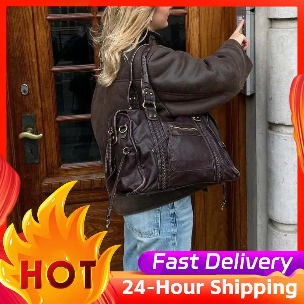 

Retro Motorcycle Bag PU Leather Single Shoulder Bag Large Capacity Top Handle Bag Women Work Travel Shopping Vintage Handbag