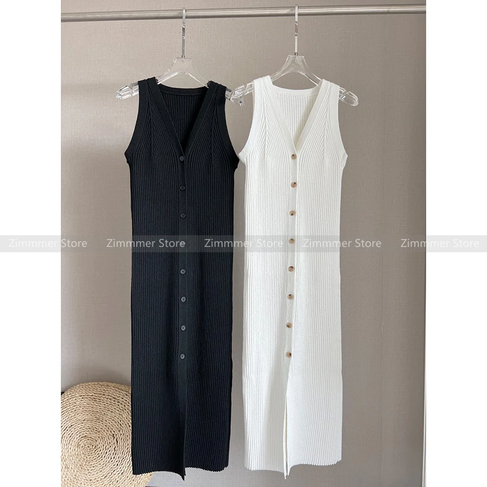 

Minimalist style advanced sense of V-neck sleeveless stretch Slim thin knitted undershirt undershirt dress women