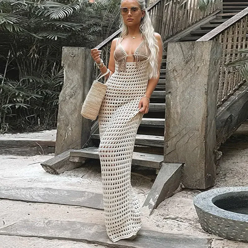 Knitted Crochet Maxi Cover-Ups Dress Sexy Backless Hollow Out Beach Dress for Women 2022 New Summer Holiday Lady Outfits