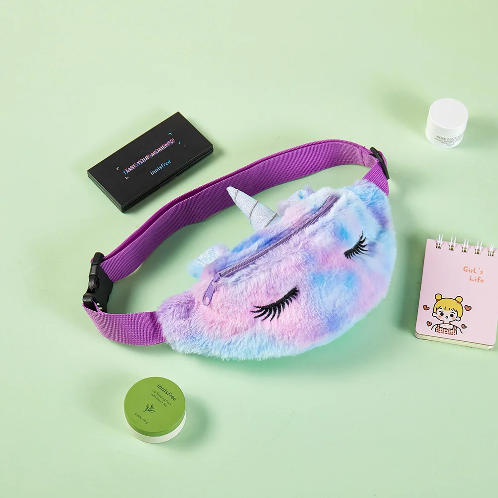 New Cute Cartoon Unicorn Fanny Pack Children\'s Fashion Girl Plush Waist Bag Travel Leisure Chest Pack
