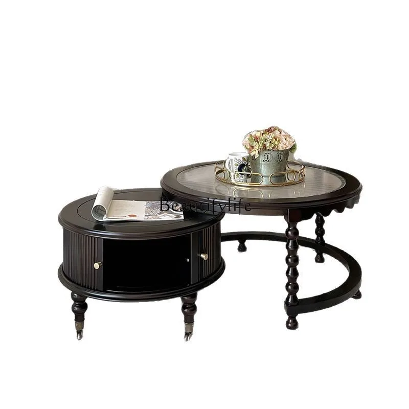 

French retro solid wood coffee table black premium American tea table round