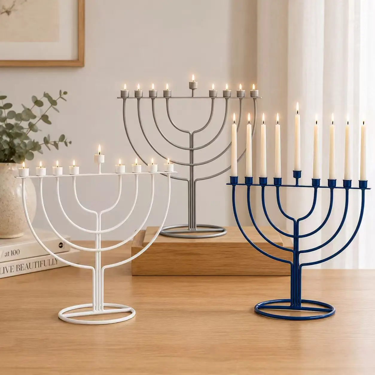 2-Piece Set of 9-Head Blue, White, and Silver Metal Candle Holders, Tabletop Decorative Candle Stands, Jewish Hanukkah Candlestick Ornaments, Holiday Decorations for Living Room Dining Table and Fireplace, Suitable for Home Gifts and Holiday Atmosphere Setup