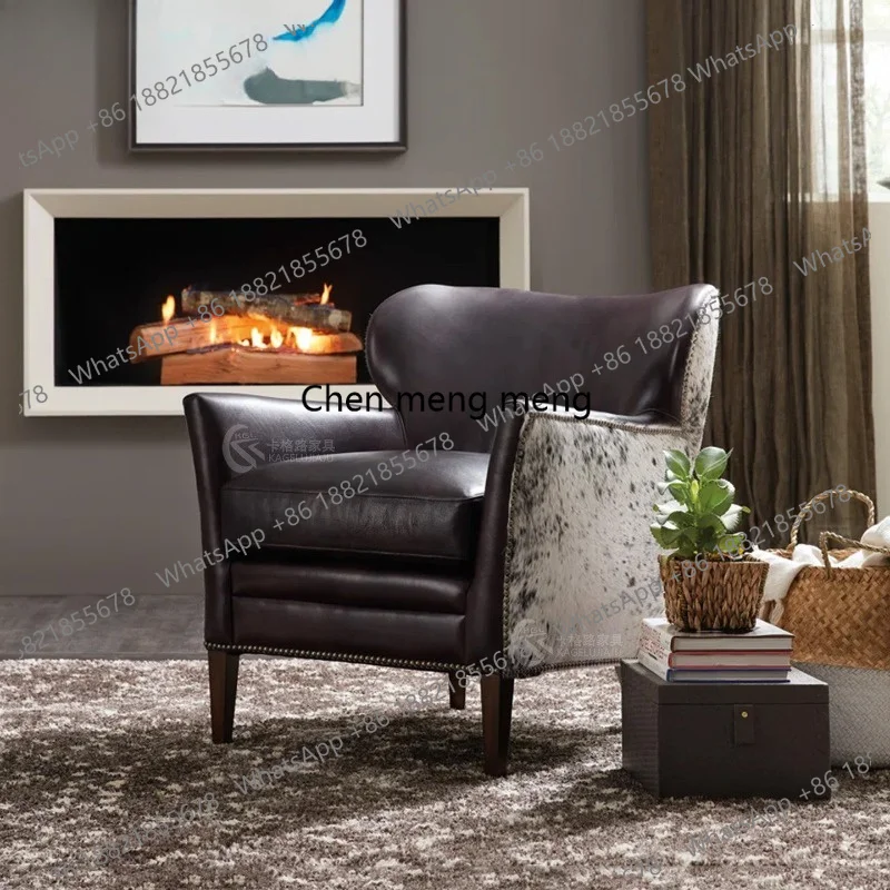 Medieval leather single sofa chair living room cowhide leisure chair tea room American solid wood tiger chair