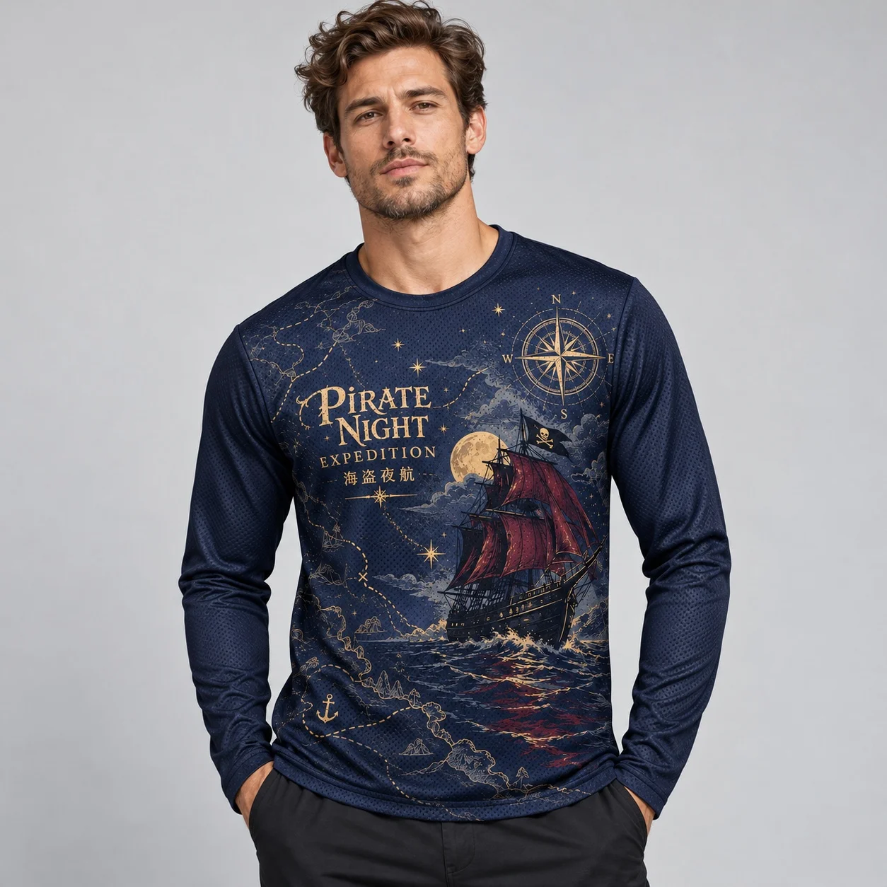 Mens Pirate Ship Long Sleeve T Shirt Vintage Nautical Adventure Graphic Tee Navy Blue Ocean Sailing Casual Streetwear