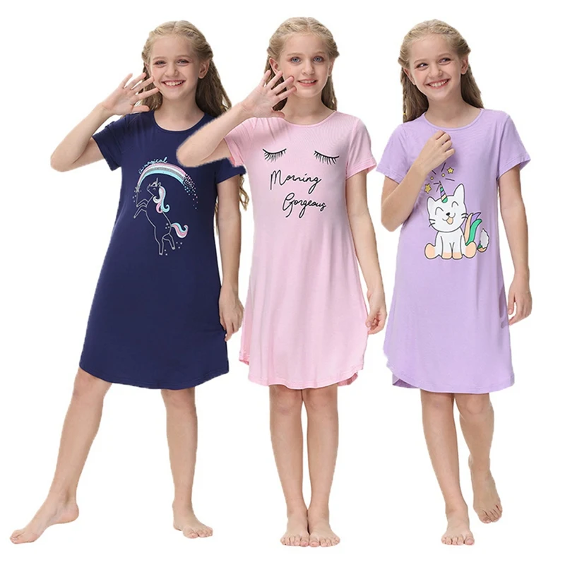 Girls Blanket Sleepers Summer Kids Cotton Short-Sleeve Sleeping Pajamas Girls European American Cartoon Print Purple Nightdress