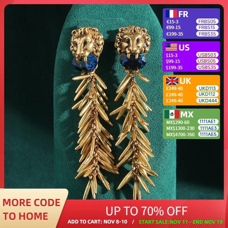 

Luxury Large Gold Color Lion Head with Blue Crystal Wheat Drop Earrings Antique for Women Vintage Trending Jewelry Women 2024