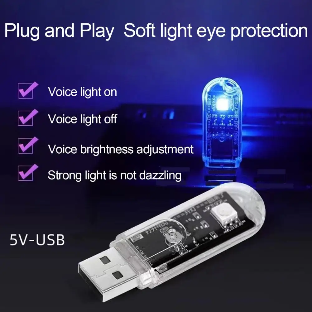 Voice Control USB LED Book Lights 3LEDs Bulb 5V Power Colorful Switching Flicker-Free Input USB Night light