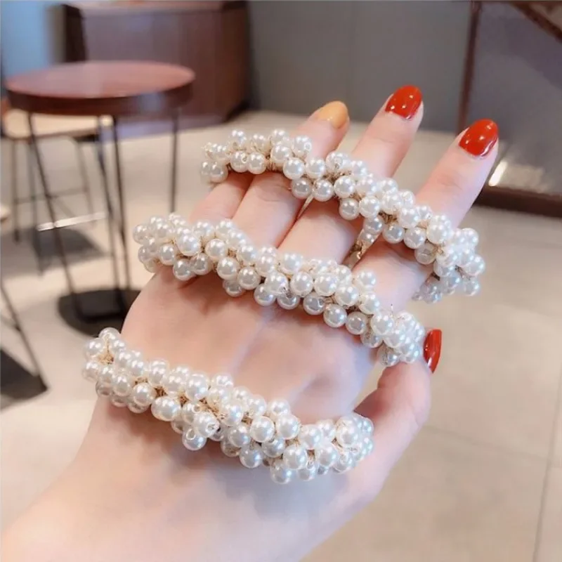 Elegant Lady Rubber Band Rope Pearl Hair Ring Girls Beaded Scrunchies Rubber Bands Ponytail Hair Accessories Elastic Headband