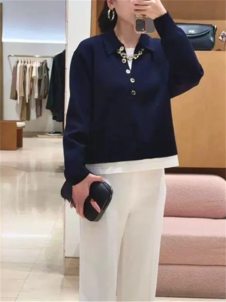 Fashion Women Knitted Fake Two Pieces Sweater Turn-Down Collar Lady Long Sleeve Pullovers 2026 Spring