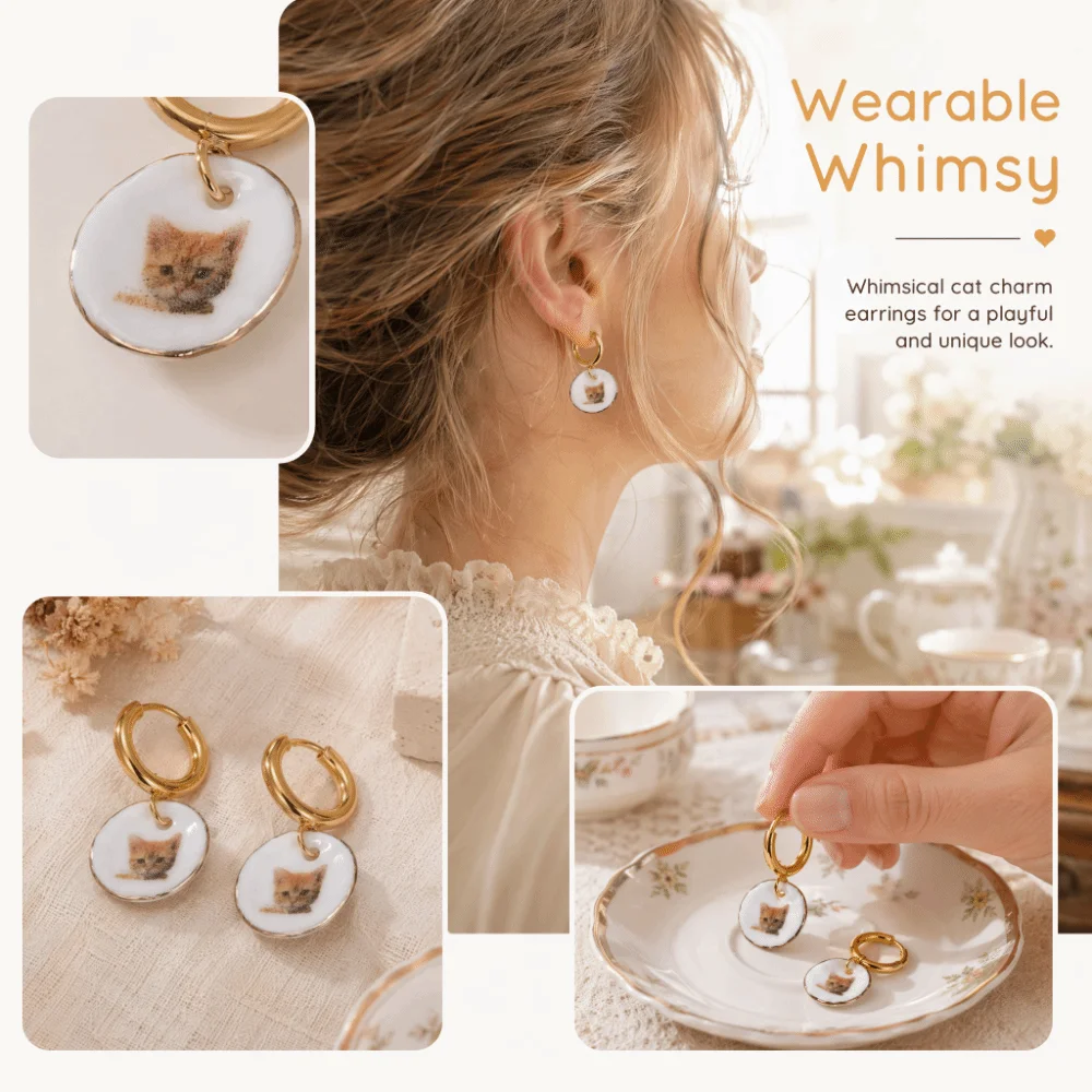 Dripping Oil Ginger Cat Pattern Hoop Earrings Stainless Steel Cute Plate Teacup Tea Pot Ear Buckle Y2K Sweet Porcelain Earrings