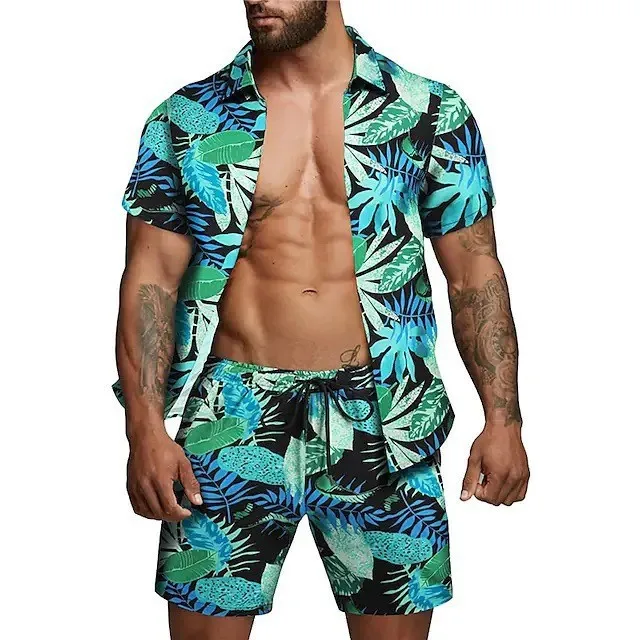 2023 New Fashion Hawaiian Shirt Set Mens Printing Set Short Sleeve Summer Casual Floral Shirt Beach Two Piece Men Sets S-6XL