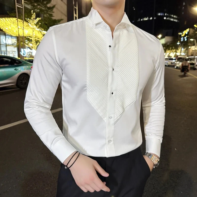 Men Dress Shirt Fashion Long Sleeve Business Social Shirt Male Solid Color Button Down Collar Work White Black Shirt 4XL