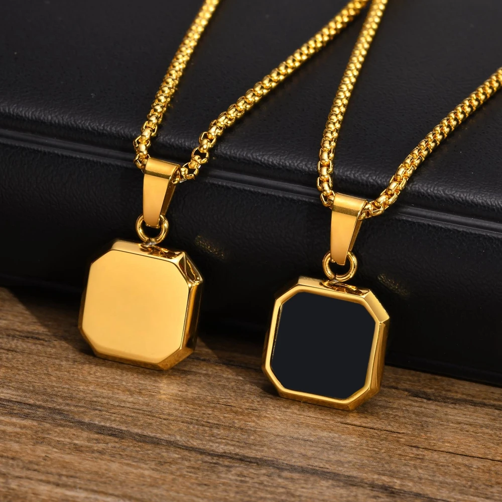 HONGTONG Stainless Steel Small Square Shell Pendant Necklace Heating Can Be Displayed Custom photo for Men Women Jewleyr Gift