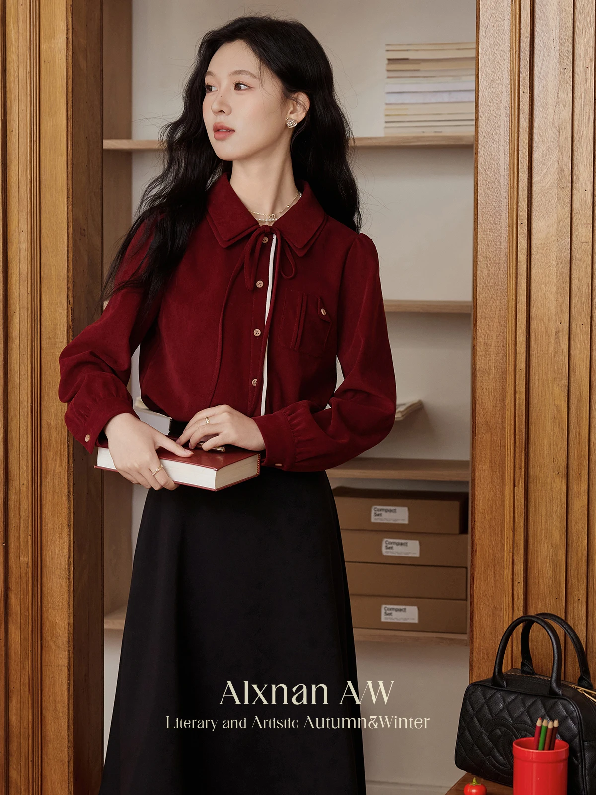 ALXNAN Women\'s Vintage Dark Red Shirt Trendy Double Lapel Collar Lace-up Long Sleeve 2024 Fall Female Loose Commuter Tops L50752