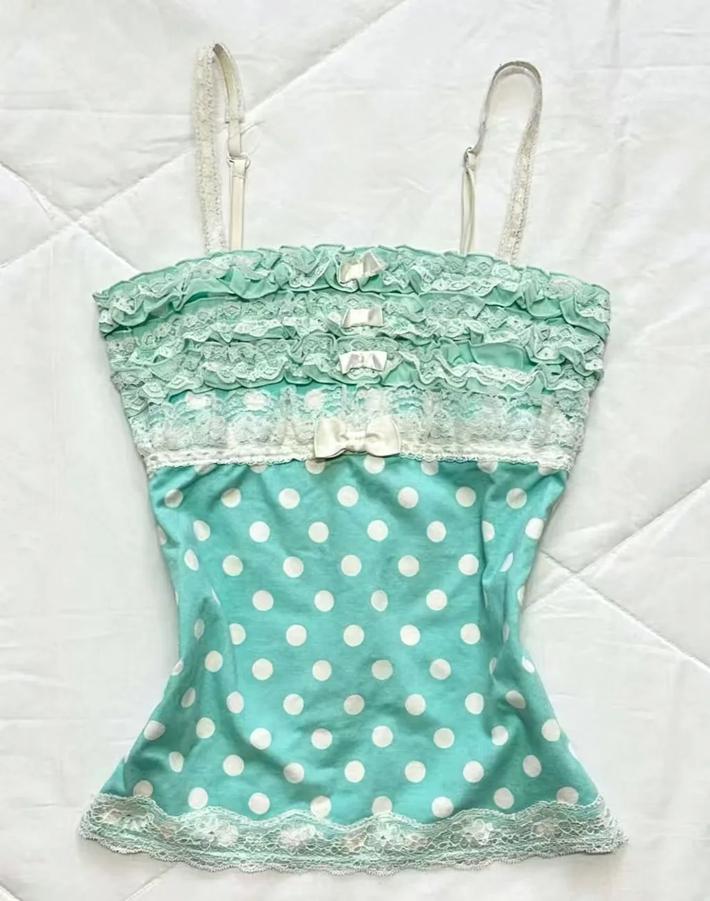 Girl Chic Mint Green Polka Dot Lace Trim Spaghetti Strap Camisole Top Women Tiered Ruffle Bow Slim Fit Tube Tank Vest Summer