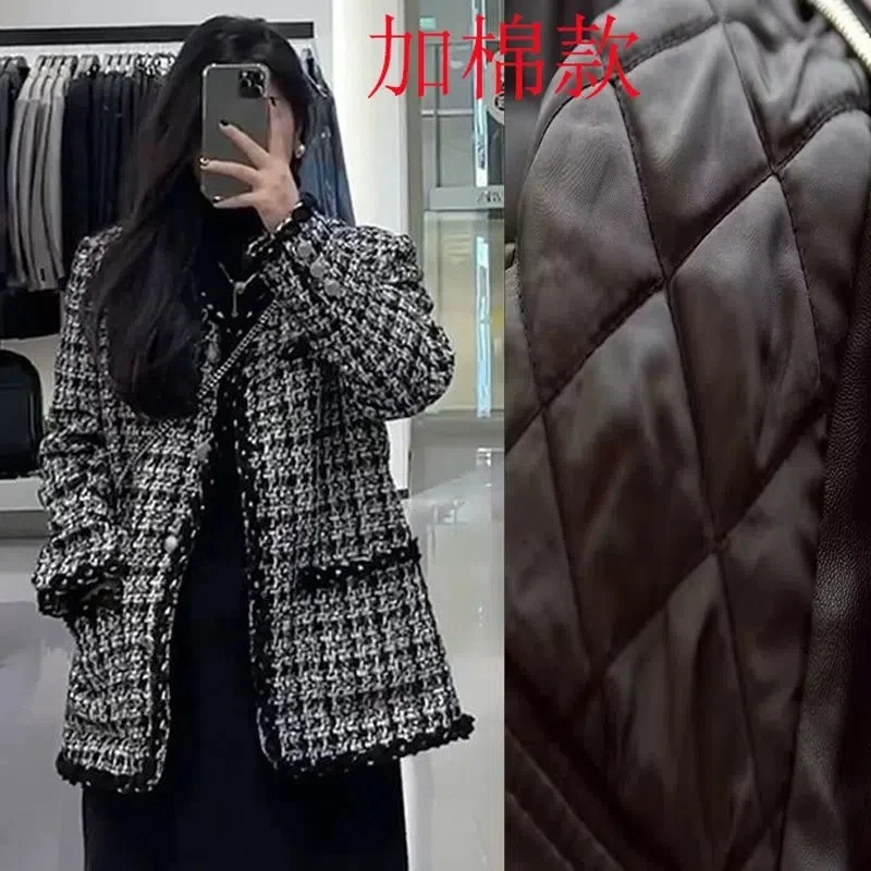 Large Size Women's Coat 4XL Fat MM Small Fragrance Suit Plaid Jacket 2023Autumn Winter New Outerwear High Sense Female Trend Top