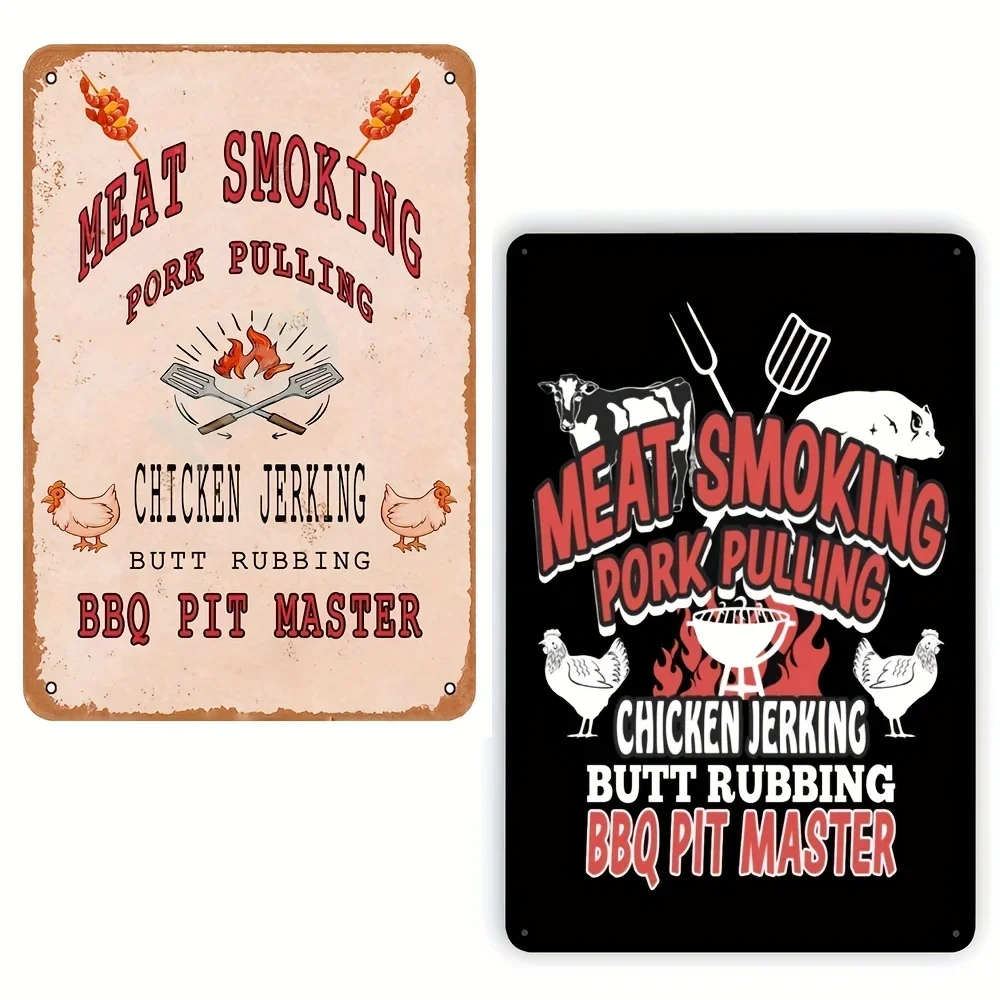 Metallic Tin Sign Meat Smoking Pork Pulling Chicken Jerking Butt Rubbing BBQ Retro Sign Wall Decoration for Cafe Restaurants Pub