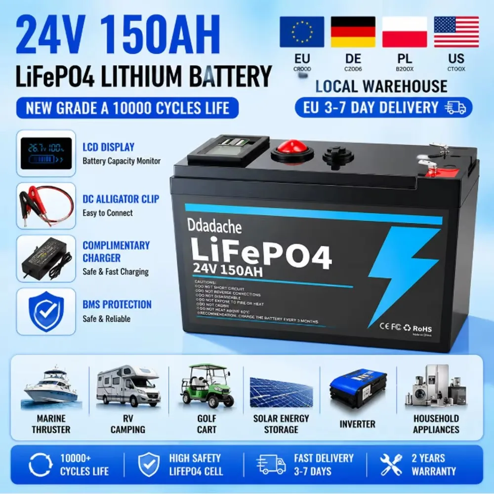 Lithium-Eisenphosphat-Batterie 24V 150Ah, Eingebautes BMS 8000+ Zyklen, Sehr geeignet für Solarenergiesysteme, Wohnmobile, Schiffe, Geländefahrten