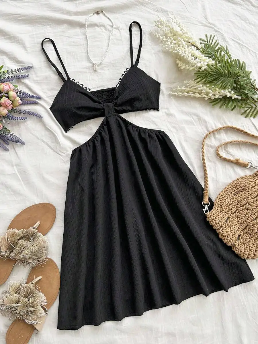 

Black Cut-Out Tie-Front Sleeveless Summer Dress with Ruched Bodice