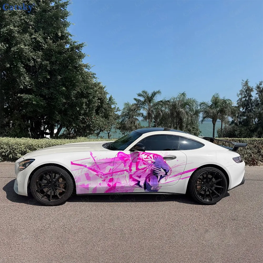 2pcs Cyber Line Style Tiger Car Side Wraps, Self-Adhesive PVC Waterproof & Scratch-Resistant Stickers, Car Accessory Gift