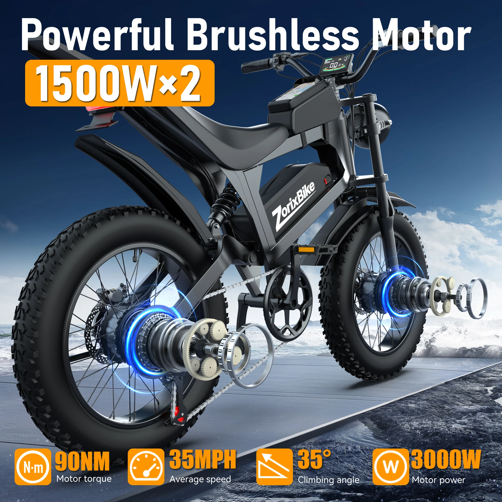 ZorixBike R8 Pro دراجة كهربائية للطرق الوعرة 20x4.0 3000 وات 35 ميجا في الساعة 80 ميل 48 فولت 23 أمبير، 7 سرعات إطارات واسعة لجميع التضاريس دراجة إلكترونية للبالغين #2