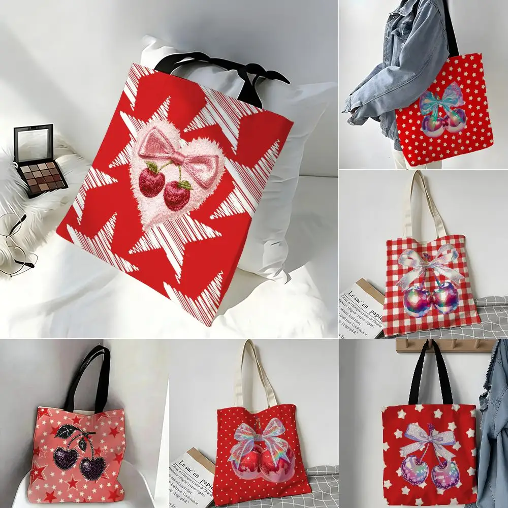 Storage Bags Casual Portable Shoulder Bag Lightweight Shopping Bag Reusable Linen Bag Pink Home Love Cherry Decoration