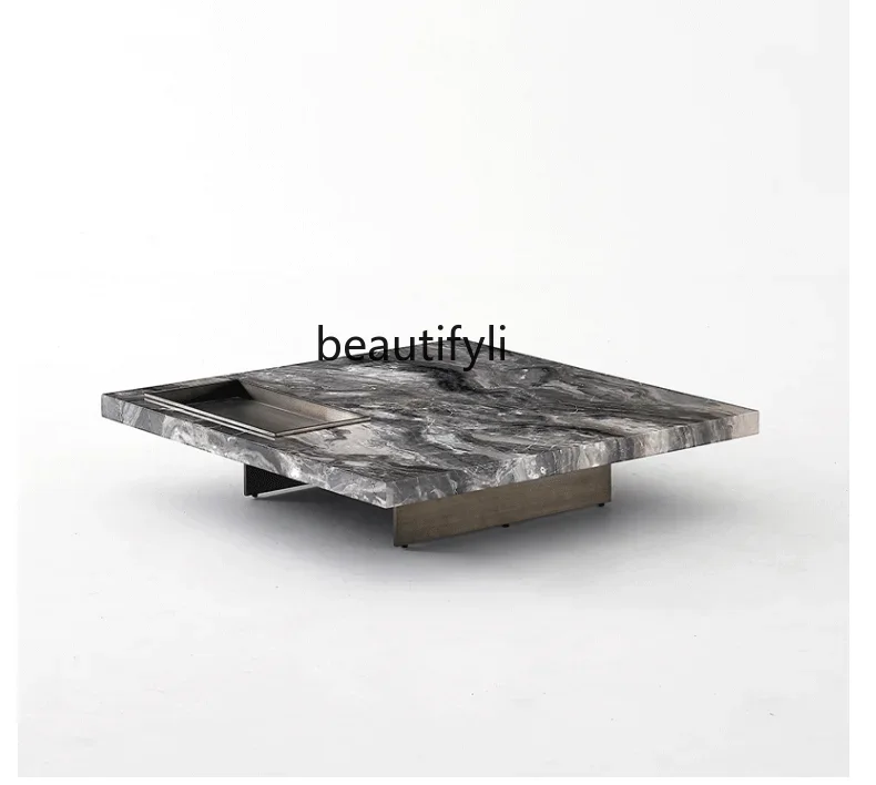 Q Italian Minimalist Designer Brown Natural Marble Square Coffee Table Living Room Stainless Steel Brushed Base