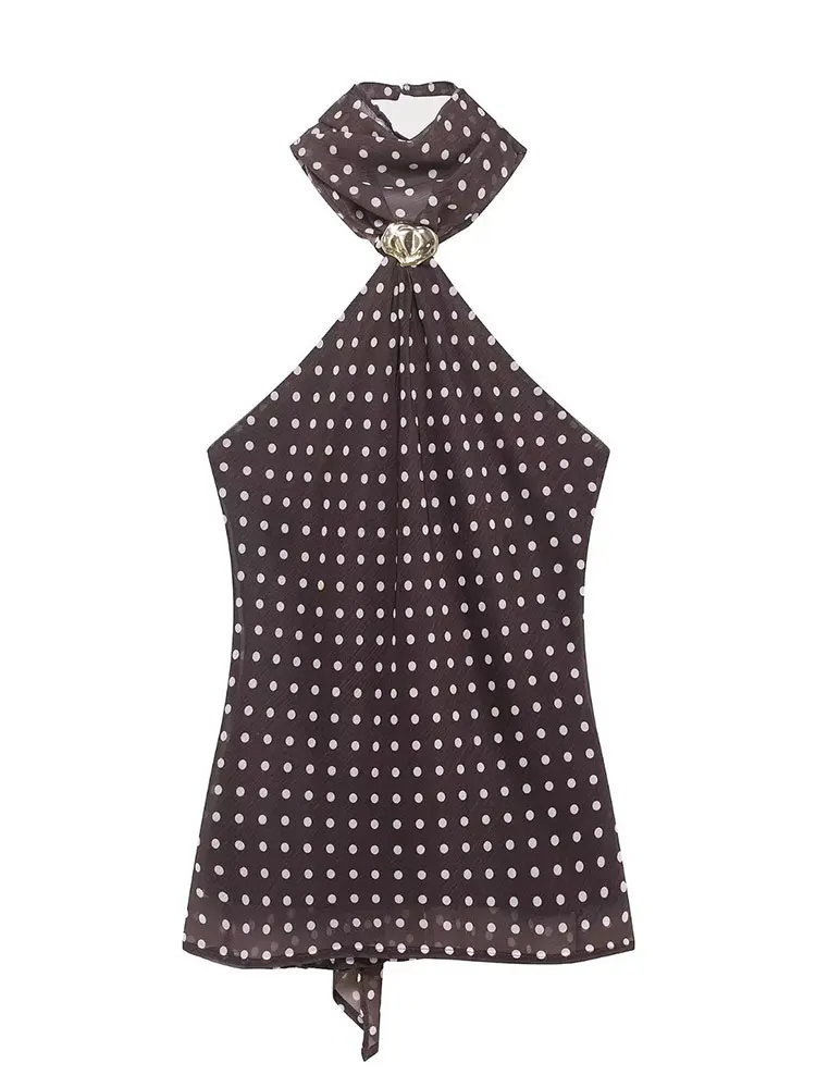 Top Halter Marrón con Puntos para Mujer, Marca HH Fashion, Espalda Descubierta, para Citas, Ropa Casual de Calle, Uso Diario, Playa, Vacaciones, Fiestas y Salidas
